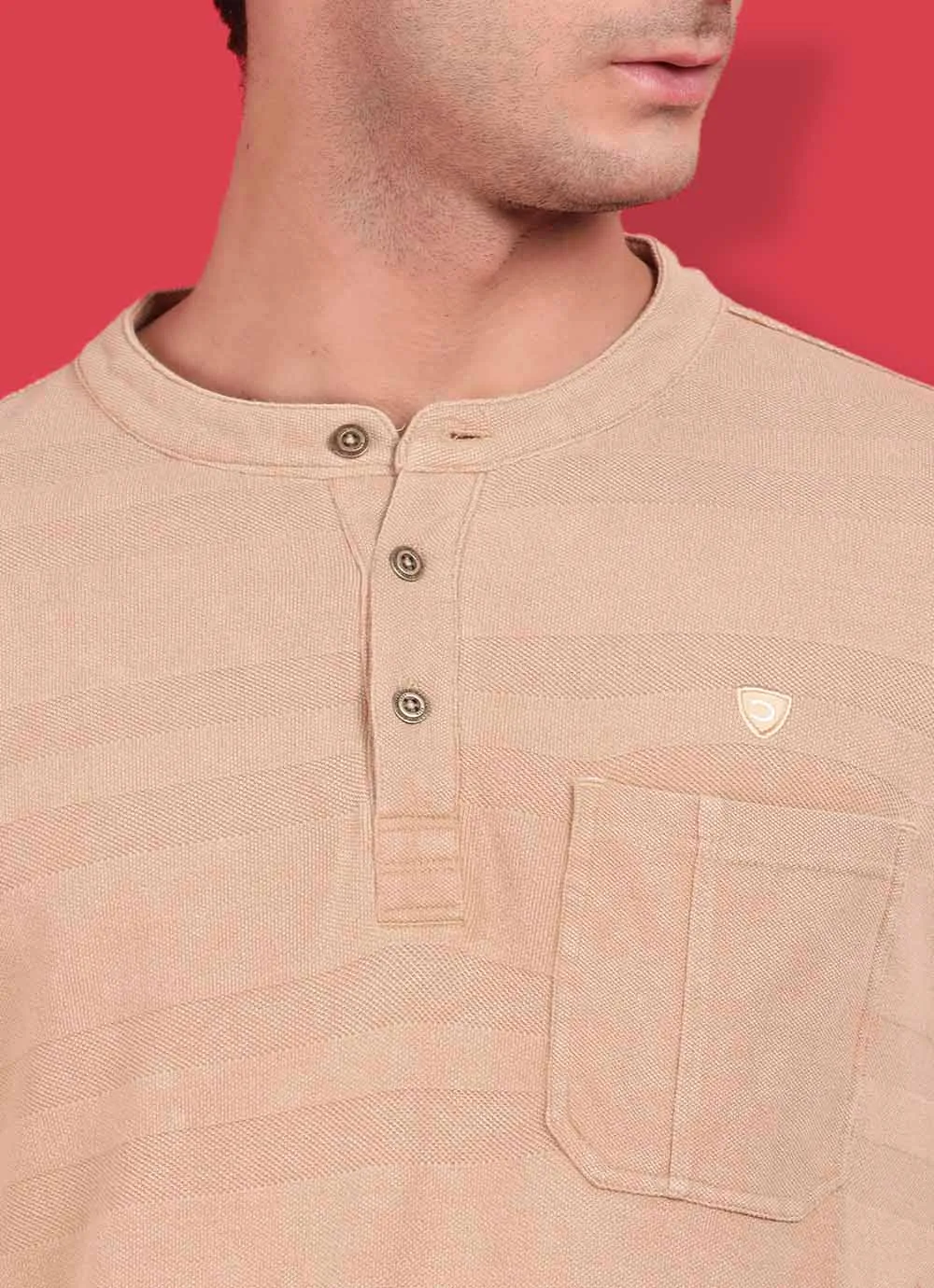 Yellow Cotton  Long Sleeve Henley T-Shirt